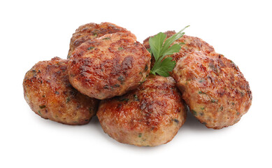 Delicious meat patties with parsley isolated on white
