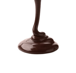Pouring tasty melted chocolate on white background