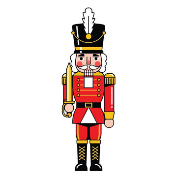 A detailed illustration of a traditional nutcracker soldier, featuring a red uniform and a decorative hat.