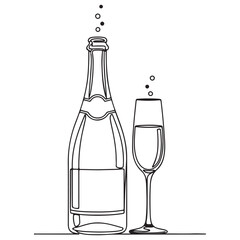 Continuous Line Art Champagne Bottle and Flute with Bubbles