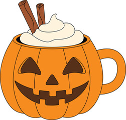 Halloween pumpkin mug with whipped cream and cinnamon sticks, cozy autumn drink, festive fall beverage, spooky pumpkin spice latte illustration