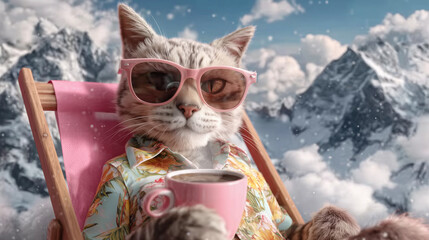 Funny Cat in Pink Sunglasses and Hawaiian Shirt Relaxing on a Snowy Mountain