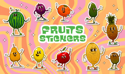 Groovy fruit characters stickers with retro y2k vibes. Dancing characters of vector groovy watermelon, grape, orange and avocado fruits. Cute pineapple, pear, lemon and apple, melon and kiwi stickers