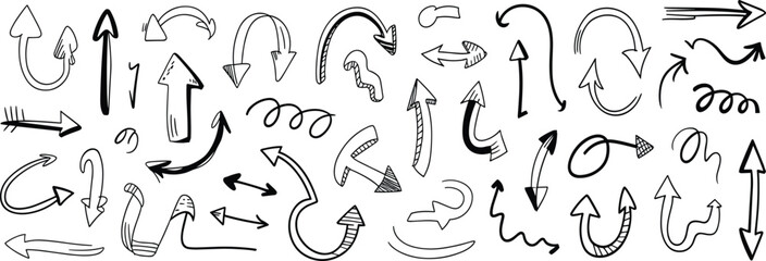 Hand drawn arrows collection, doodle sketch curved and straight arrows, direction symbols for infographic, vector design, presentation, illustration
