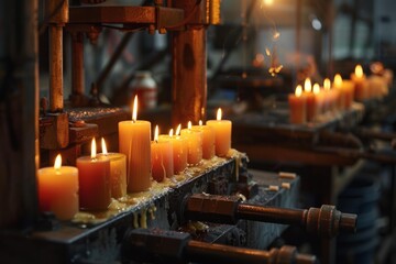 Candle making machine producing lit candles in a factory