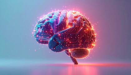 Futuristic glowing brain with neon circuits in vibrant colors. Symbol of artificial intelligence, neural networks, and the fusion of technology with human cognition.