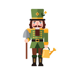 A charming illustration of a nutcracker soldier, holding a shovel and a watering can, ready for gardening.