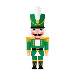 A flat design illustration of a traditional green nutcracker soldier with a white feather on his hat.