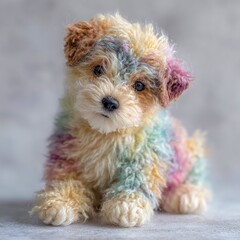 A kind and sweet plush puppy with fluffy rainbow fur and a lively, understanding look. The Best Friend.
