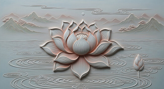 3D Lotus Relief Art with Swirling Water, Velvety Petals, and Pastel Mountain Background. 3D relief wallpaper with Majestic 3D Wall Mural. floral landscapes. 3d floral art, floral wallpaper,