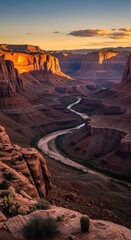 Majestic Canyon River Winding Through Arid Landscape at Golden Sunset.
