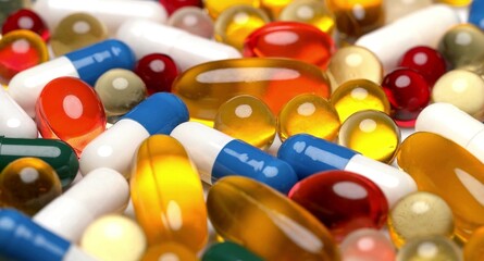 Colorful capsules and pills on white background representing modern healthcare and medical supplements