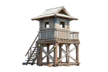 Wooden tower structure with stairs and roof