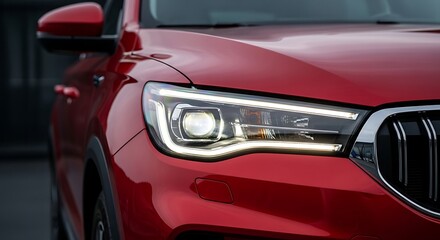 Close up of a modern red car headlight and grille detail