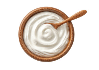 Yogurt swirl in wood bowl with spoon, top view