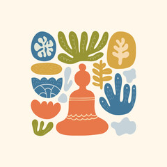 Minimal vector illustration inspired by meditation and calm energy. Features yoga poses, abstract shapes, and natural harmony &mdash; perfect for mindful design and modern wall art.