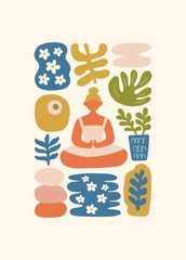 Minimal vector illustration inspired by meditation and calm energy. Features yoga poses, abstract shapes, and natural harmony &mdash; perfect for mindful design and modern wall art.