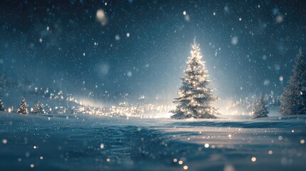 magic colorful christmas tree with glowing lights in winter landscape
