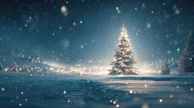 magic colorful christmas tree with glowing lights in winter landscape
