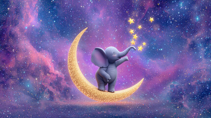 Cute Baby Elephant Standing on a Crescent Moon Reaching for Stars in the Galaxy