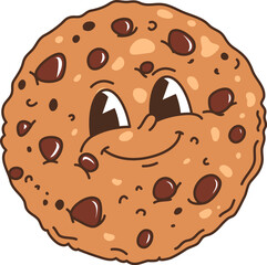 Fototapeta na wymiar Retro cartoon groovy Christmas smiling chip cookie character with chocolate drops and playful face expression. Isolated vector festive holiday pastry, round cookie with chocolate chips happily smiles