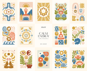 Minimal vector illustration inspired by meditation and calm energy. Features yoga poses, abstract shapes, and natural harmony &mdash; perfect for mindful design and modern wall art.