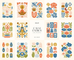 Minimal vector illustration inspired by meditation and calm energy. Features yoga poses, abstract shapes, and natural harmony &mdash; perfect for mindful design and modern wall art.