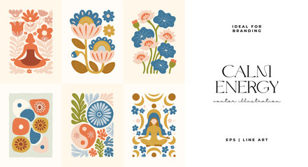 Minimal vector illustration inspired by meditation and calm energy. Features yoga poses, abstract shapes, and natural harmony — perfect for mindful design and modern wall art.