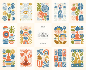 Minimal vector illustration inspired by meditation and calm energy. Features yoga poses, abstract shapes, and natural harmony &mdash; perfect for mindful design and modern wall art.