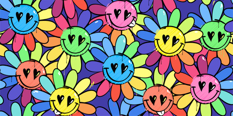 Trendy Colorful Funny Abstract Graffiti Style Happy Smiling Flowers Seamless Background Template