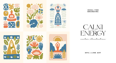 Minimal vector illustration inspired by meditation and calm energy. Features yoga poses, abstract shapes, and natural harmony — perfect for mindful design and modern wall art.