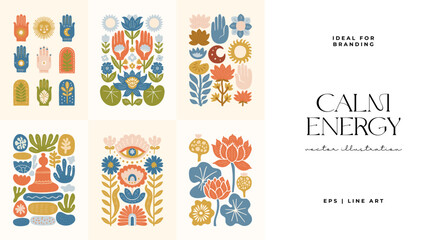 Minimal vector illustration inspired by meditation and calm energy. Features yoga poses, abstract shapes, and natural harmony &mdash; perfect for mindful design and modern wall art.