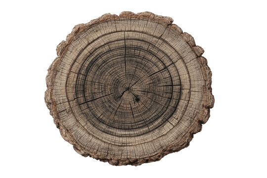 Cross-section of a weathered tree trunk, revealing concentric growth rings and a dark, cracked center - Powered by Adobe