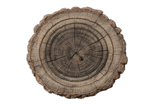 Cross-section of a weathered tree trunk, revealing concentric growth rings and a dark, cracked center