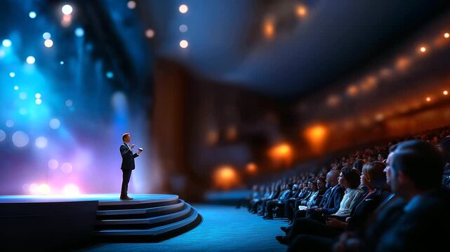 Defocused auditorium with glowing stage and indistinct figure of presenter, subtle gradient lighting emphasizing modern business tone, with copy space.