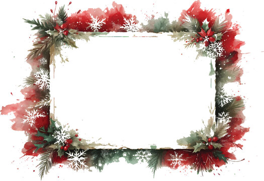 A festive frame featuring pine needles, red berries, and soft watercolor splashes surrounding a blank central panel. Perfect for holiday greetings, invitations, or seasonal promotions