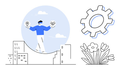 Person standing between buildings holding lightbulb and handshake icons. Includes gear and flowers. Ideal for innovation, teamwork, urban planning, sustainability, balance, growth, simple flat