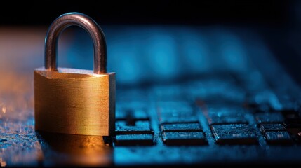 Golden padlock on a dusty laptop keyboard. Digital data protection and internet cyber security concept. Privacy information.