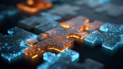 Bright puzzle piece connecting with dull pieces. United team strategy and solution finding concept for business. Creative problem solving.