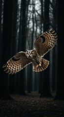 Obraz premium Majestic Owl Soaring Through Dark Forest, Wings Spread Wide.