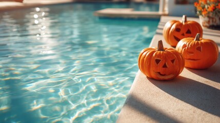 Naklejka na ściany i meble Three small orange jack-o-lantern pumpkins on the edge of a swimming pool. Halloween holiday concept with a summer vibe. Naklejka na ściany i meble Three small orange jack-o-lantern pumpkins on the edge of a swimming pool. Halloween holiday concept with a summer vibe.