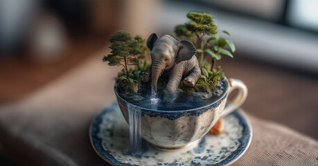 Adorable Miniature Elephant Drinking from a Tiny Pond in a Vintage Teacup Waterfall