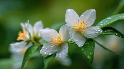 Fototapeta premium White jasmine flower with dew drops on green leaf. Fresh spring bloom in nature. Beautiful floral background for greeting card.