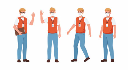 Obraz premium A collection of four cartoon illustrations of a man wearing a mask and an orange vest, in different poses.