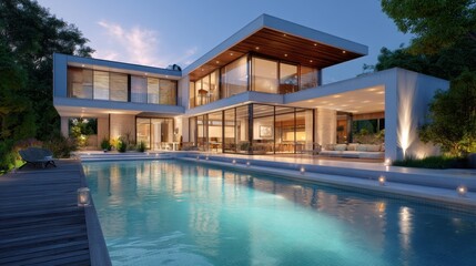 Fototapeta premium Modern luxury house with swimming pool at dusk. Contemporary residential architecture with outdoor lighting. High end living concept.