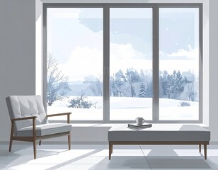 Fototapeta premium Minimalist Modern Winter Window Scene with Watercolor Snowy Landscape View, Clean Interior Design Evoking Serenity and Quiet Reading Time