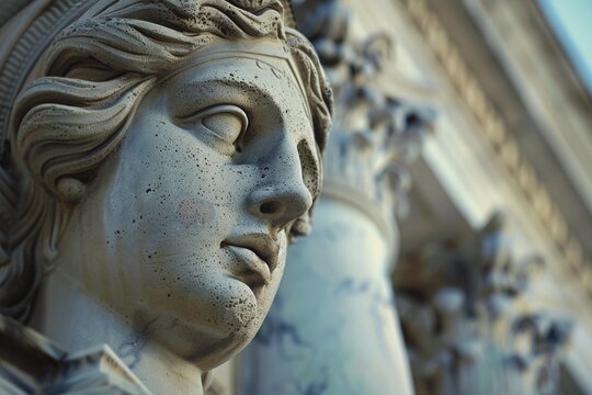 Stone statue face on a classical building, showcasing intricate details and timeless artistry
