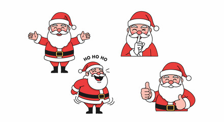 Four Santa Claus illustrations in different poses on a white background.
