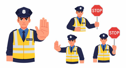 Collection of police officers in uniform, some holding stop signs, others signaling to halt traffic.
