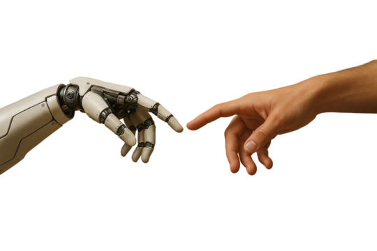 Human and robotic hand reaching each other, PNG transparent background